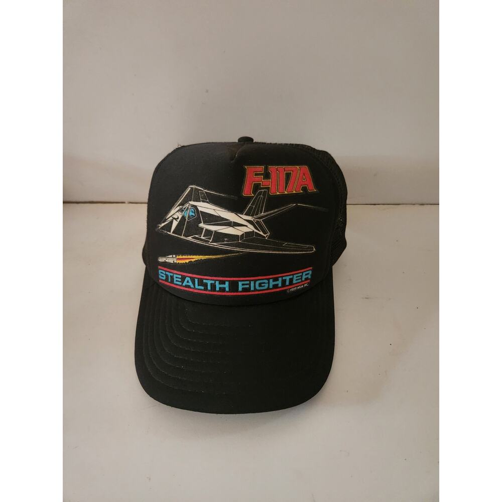 Vtg 1989 F-117A Stealth Fighter Jet Black Trucker Hat Mesh Back Snapback Closure